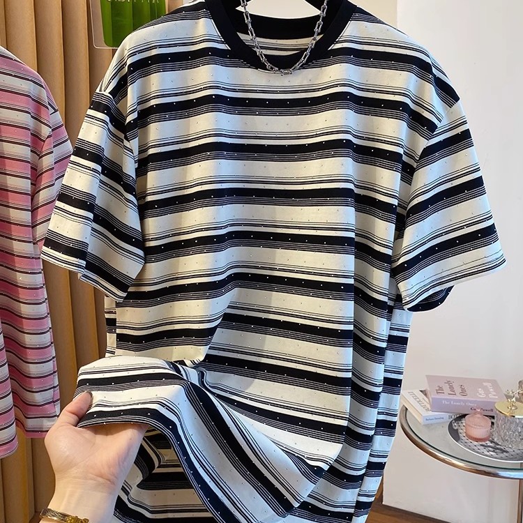 Summer Clothing Outlet - 유니섹스 순면 스트라이프 반팔 티셔츠 캐주얼