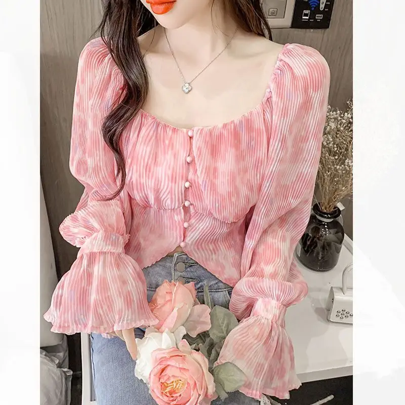 Crop Blouse Linen - 섹시하고 귀여운 스윗 스퀘어넥 프린트 파티