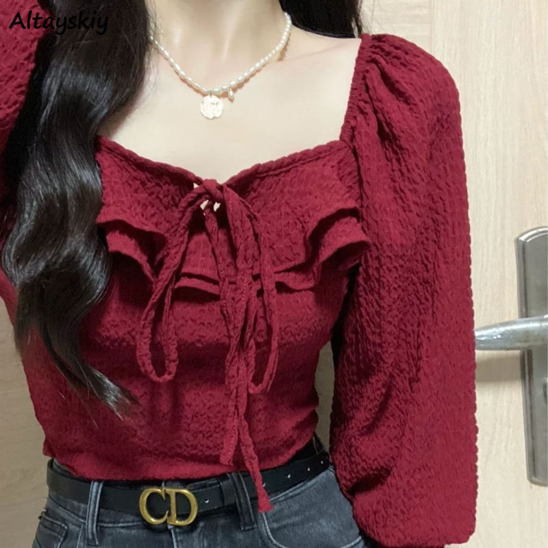 Crop Blouse Linen - 레이스업 캐쥬얼 우아한 레드 블라우스, 올매치