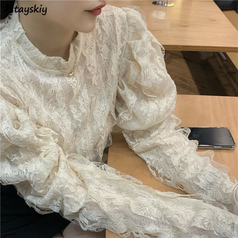 Crop Blouse Linen - 여성용 빈티지 블라우스, 프렌치 스타일 레이스