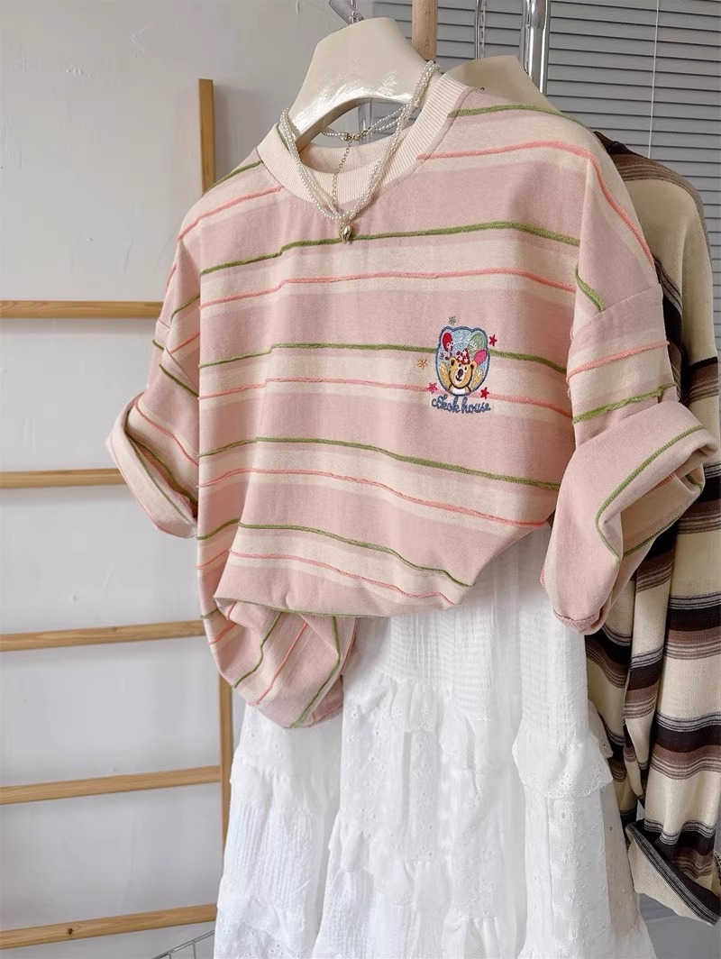 Summer Clothing Outlet - 순면 스트라이프 반팔 티셔츠, 패셔너블한 여름