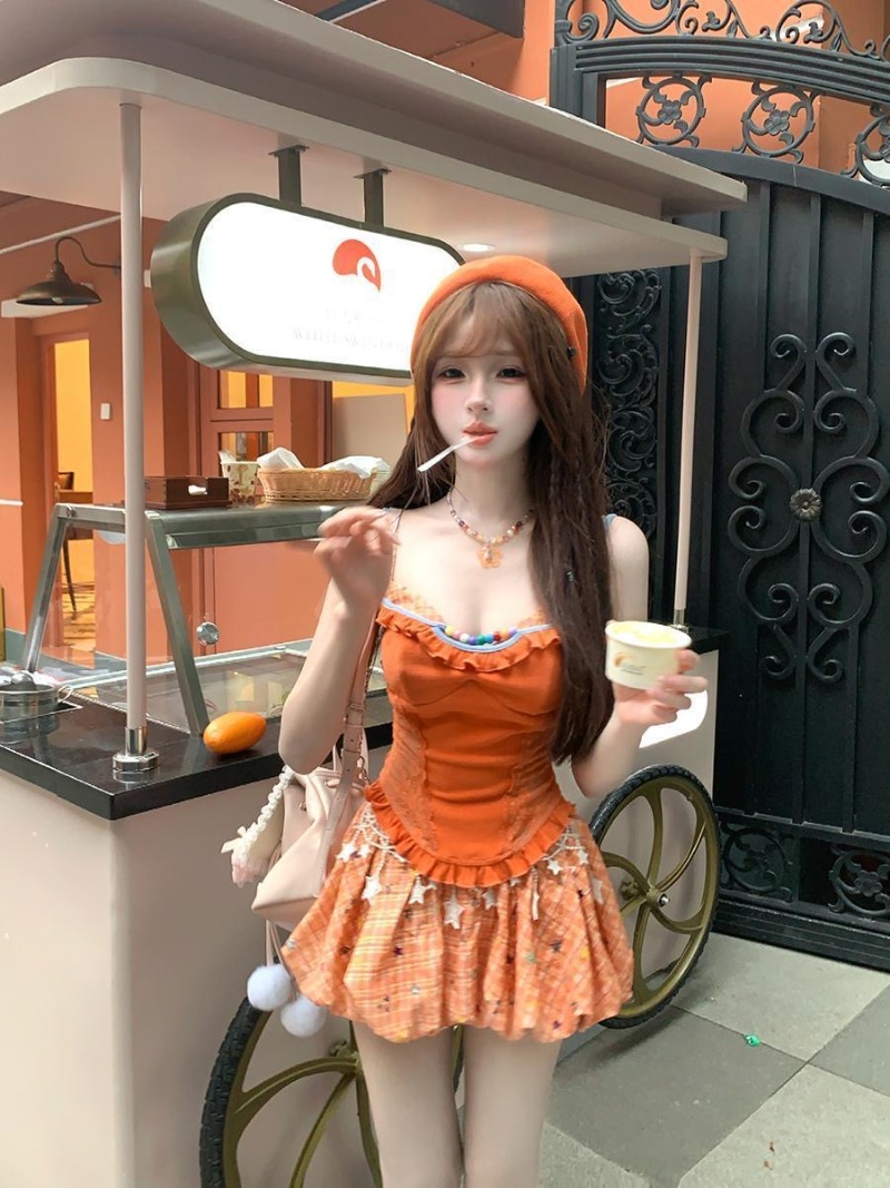 여름 신상 오렌지 도파민 스위트 스파이시 걸 레이스 캐 - Summer Clothing Model 리뷰 및 가격