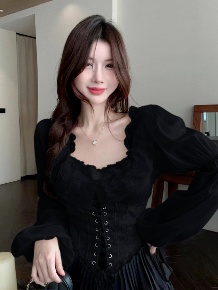 솔리드 블라우스 여성 레이스업 크롭탑 봄 한국 스타일  - Crop Blouse Linen 리뷰 및 가격