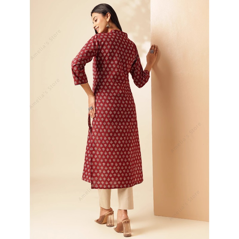 봄 여름 여성용 에스닉 마룬 플로럴 프린트 쿠르타 인도 - Summer Clothing Pakistan 리뷰 및 가격