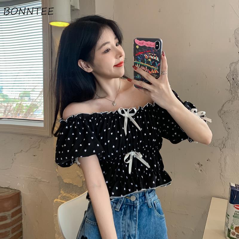 여성용 프렌치 퍼프 슬리브 블라우스, 귀여운 하트 폴카 - Crop Blouse Linen 리뷰 및 가격