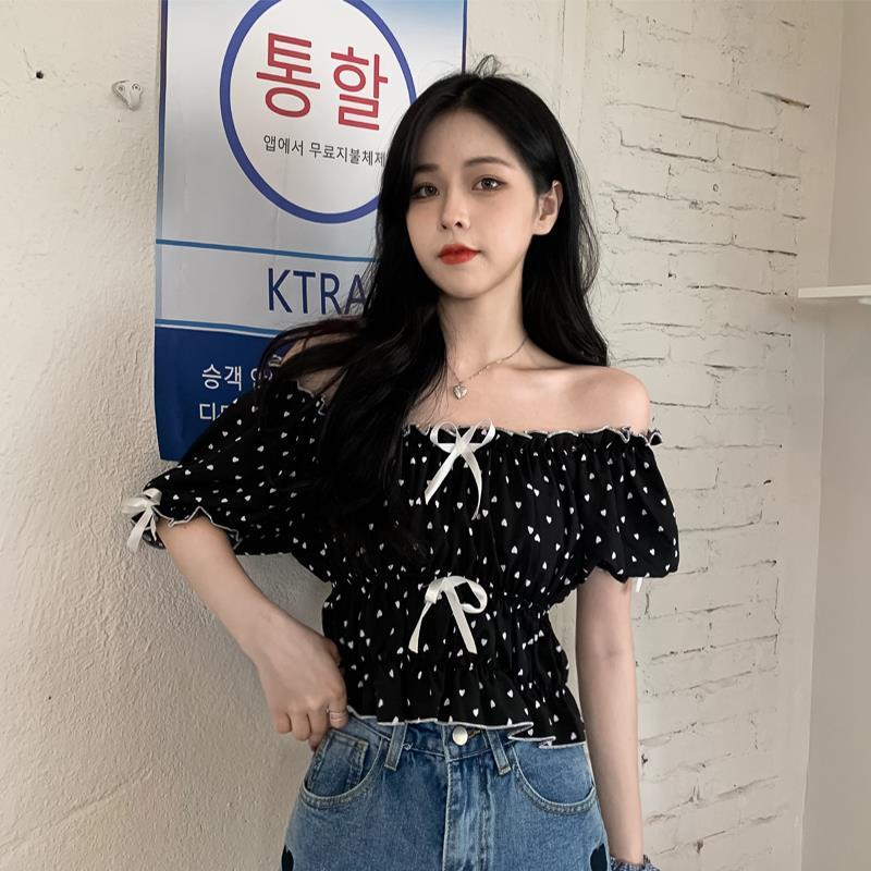 여성용 프렌치 퍼프 슬리브 블라우스, 귀여운 하트 폴카 - Crop Blouse Linen 리뷰 및 가격