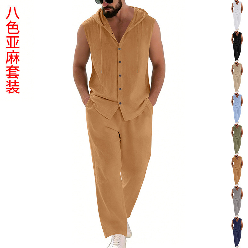 남성 캐주얼 린넨 수트 후드 스웨터 및 바지 세트 단색 - Summer Clothing Us 리뷰 및 가격