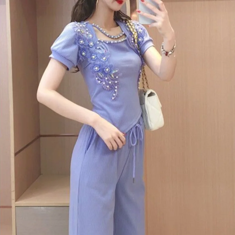 와이드 레그 여성 바지 퍼플 여성 팬츠 투피스 세트 한 - Summer Clothing Wholesale 리뷰 및 가격