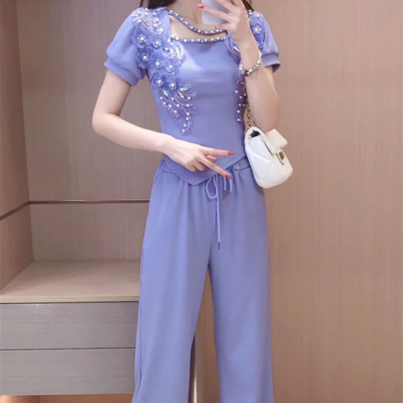 와이드 레그 여성 바지 퍼플 여성 팬츠 투피스 세트 한 - Summer Clothing Wholesale 리뷰 및 가격