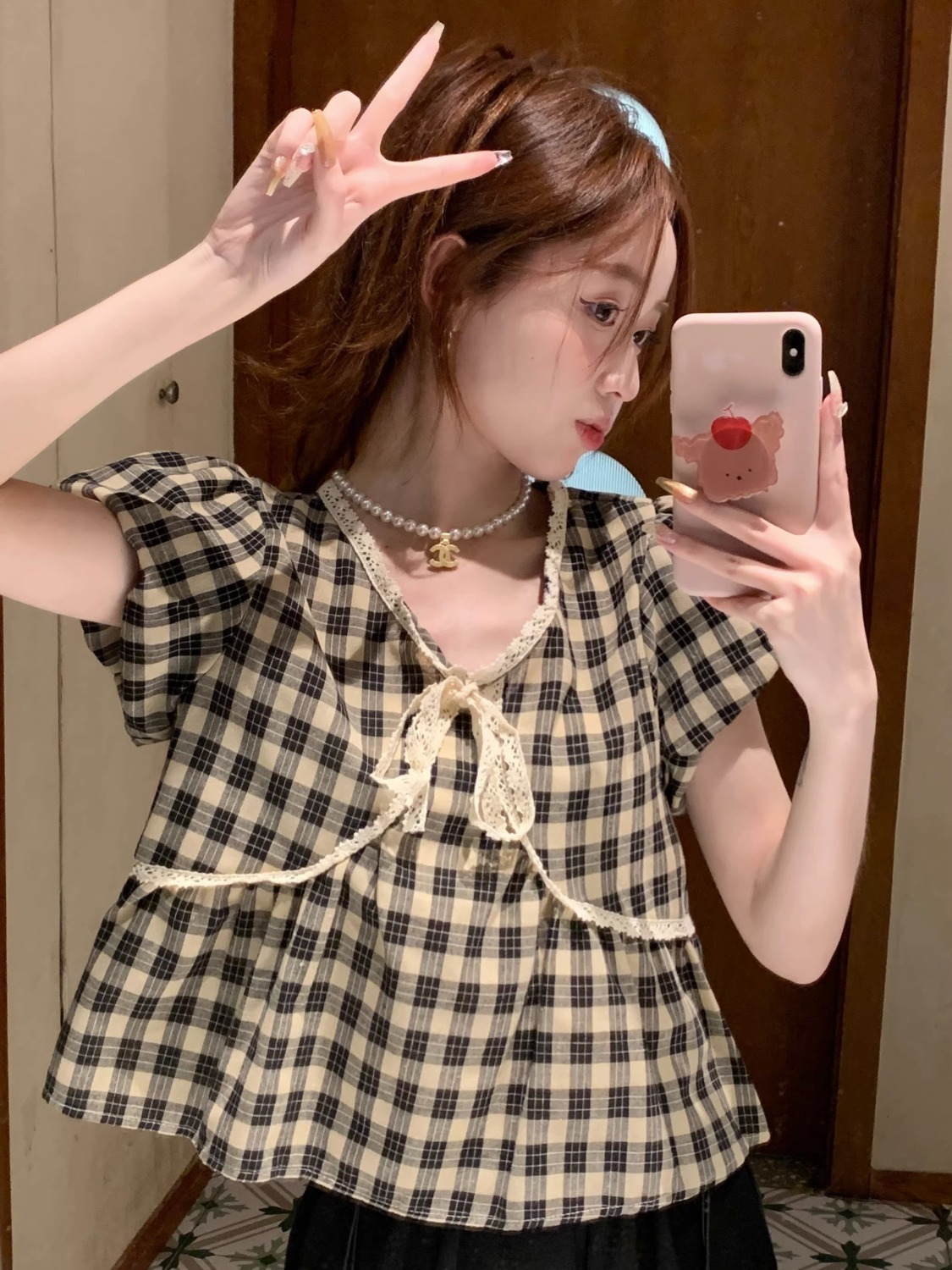 여성용 격자 무늬 빈티지 블라우스, 반팔, 스위트 크롭 - Crop Blouse Linen 리뷰 및 가격
